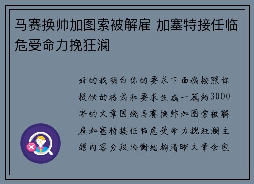 马赛换帅加图索被解雇 加塞特接任临危受命力挽狂澜